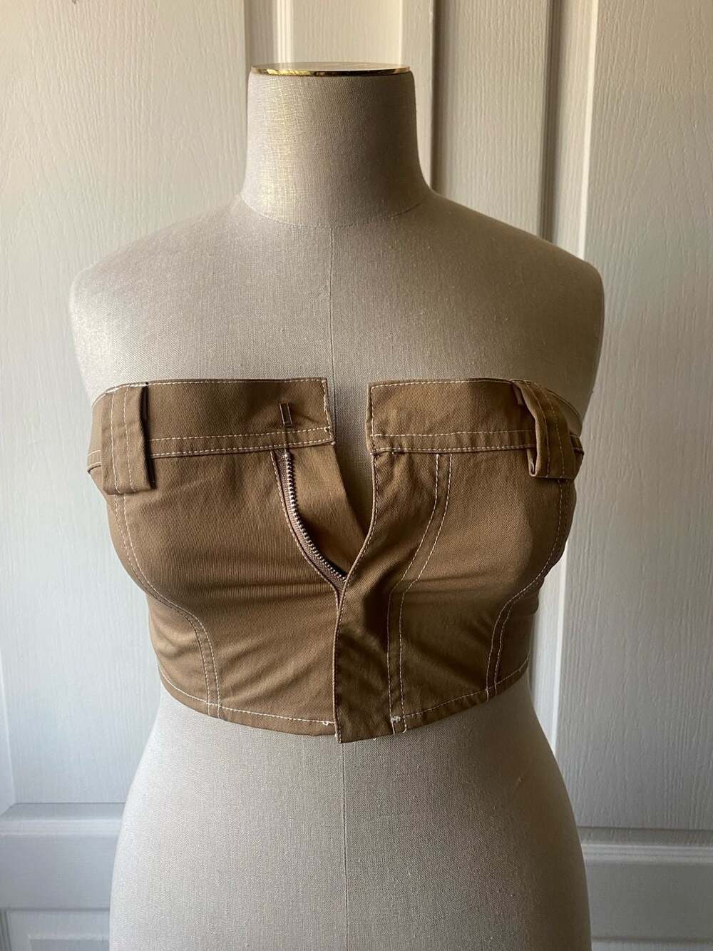 Nasty Gal Women's Brown Strapless Zip-Front Twill Corset Tube Top